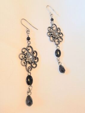 Filigree Drop Earrings with Black Beads